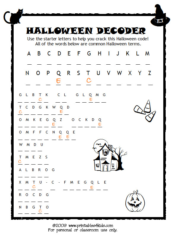 Halloween code breaker cryptoquiz brain teaser â printables for kids â free word search puzzles coloring pages and other activities