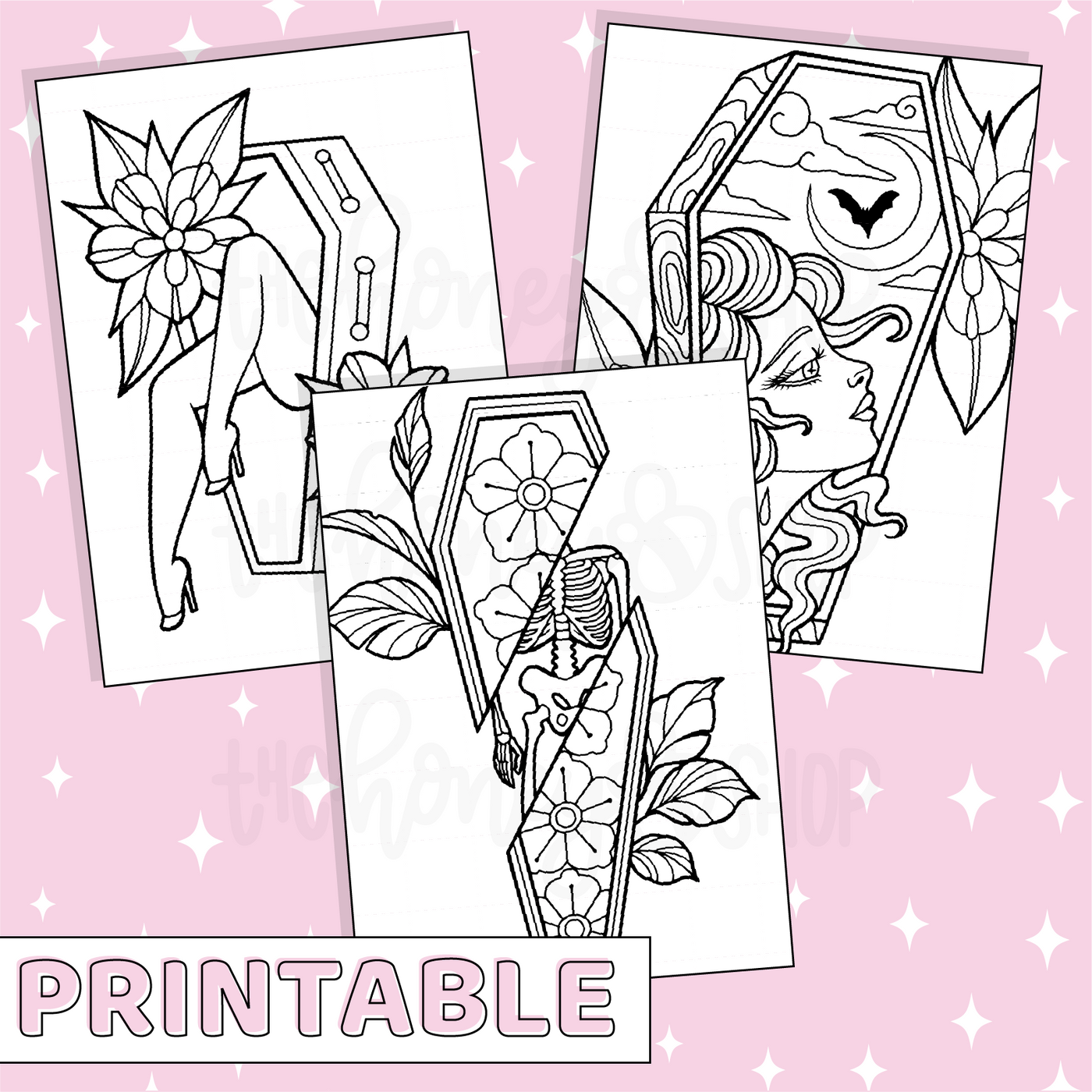 Coffin coloring page set printable bee