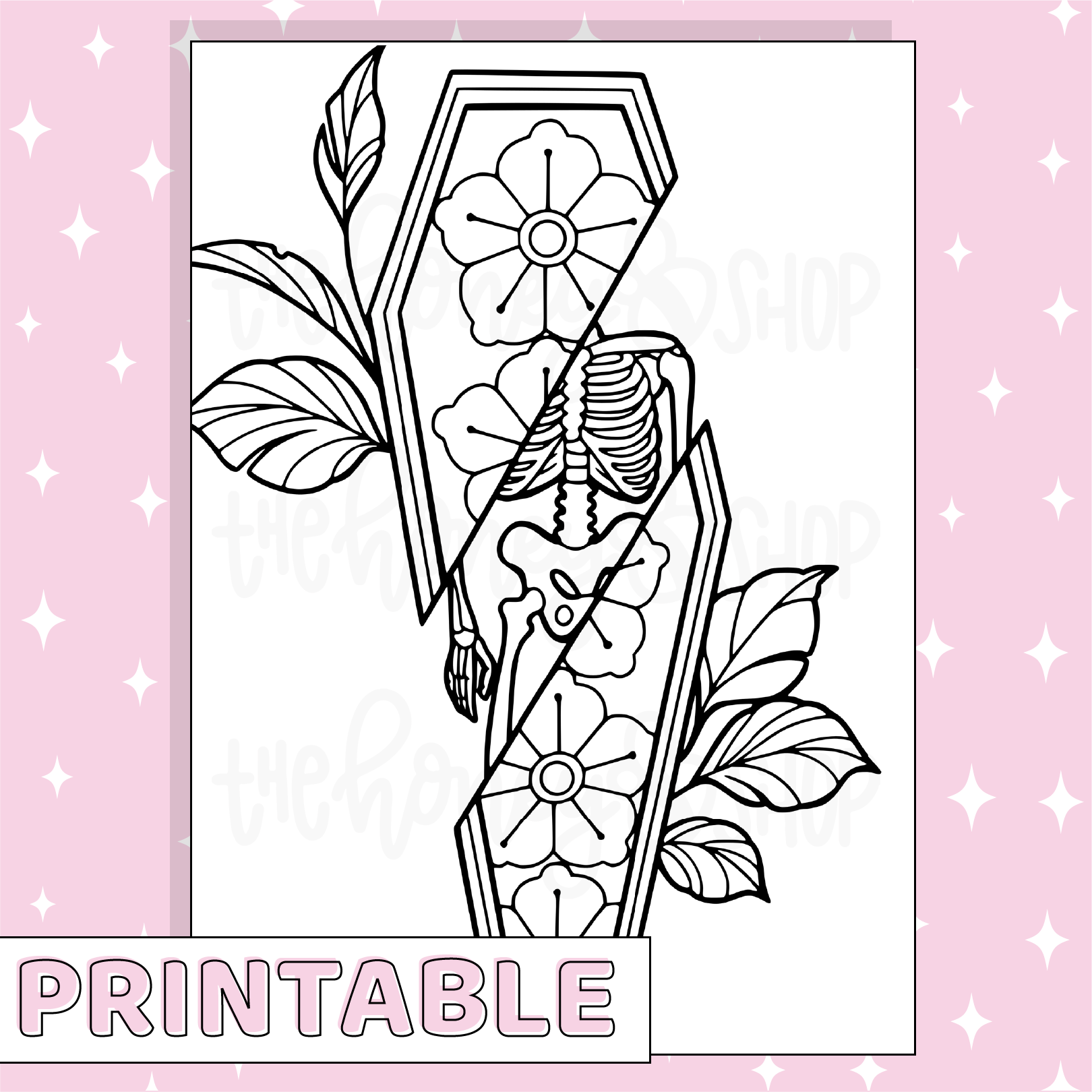 Coffin coloring page set printable bee
