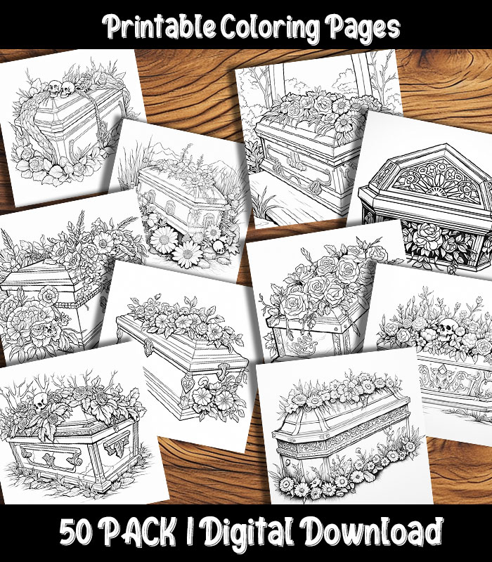 Coffin coloring pages digital pack happy colorist