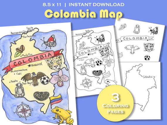 Colombia coloring page colombia map colombia printable packet colombia national symbols colombia travel poster print