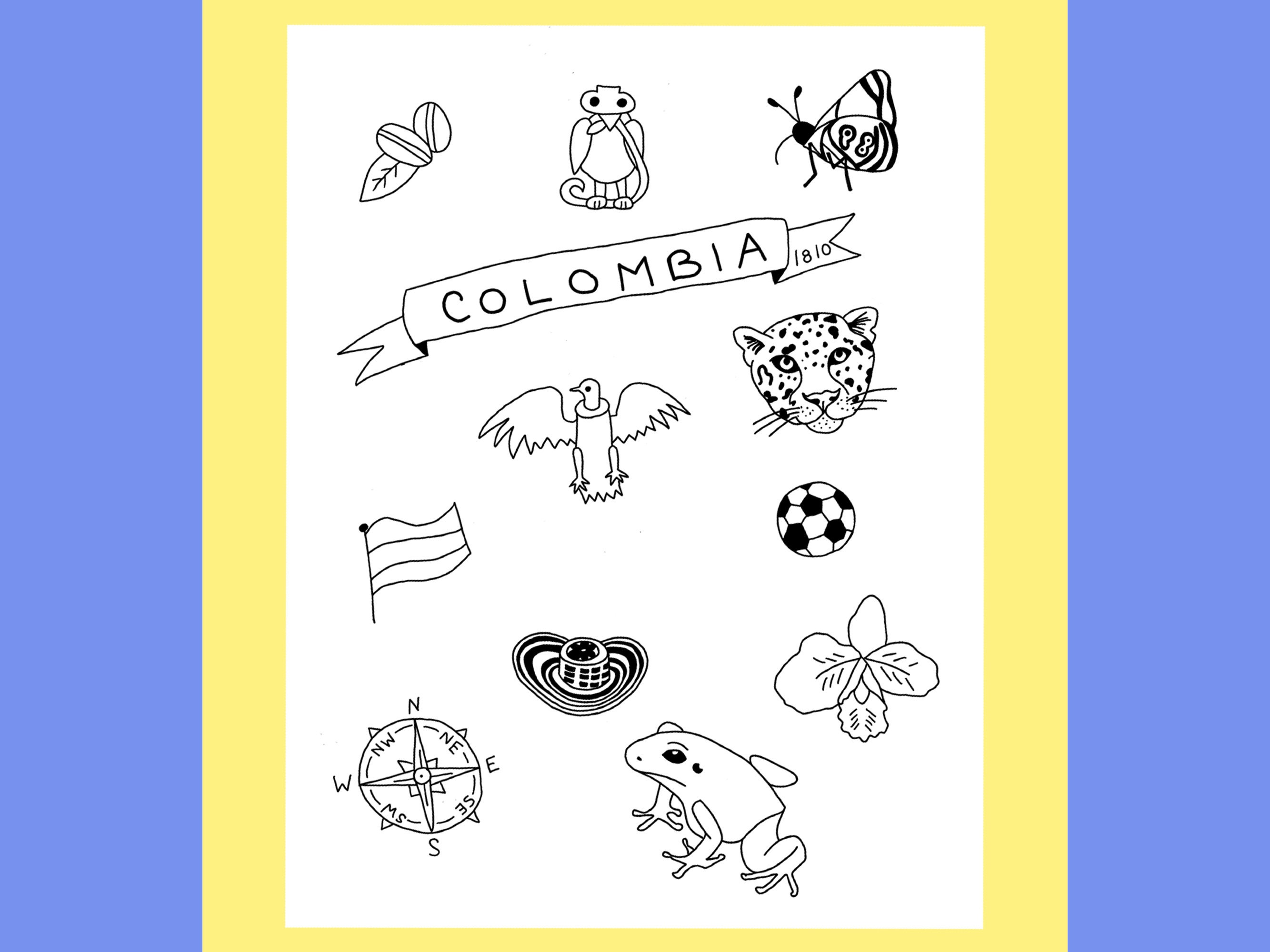 Colombia coloring page colombia map colombia printable packet colombia national symbols colombia travel poster print
