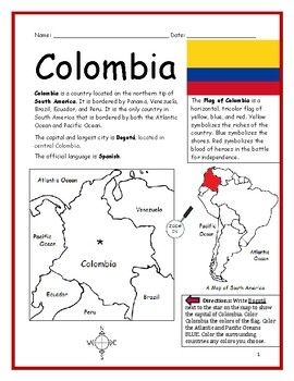Introduce colombia printable worksheet with map and flag coloring pages for boys geography worksheets maps for kids