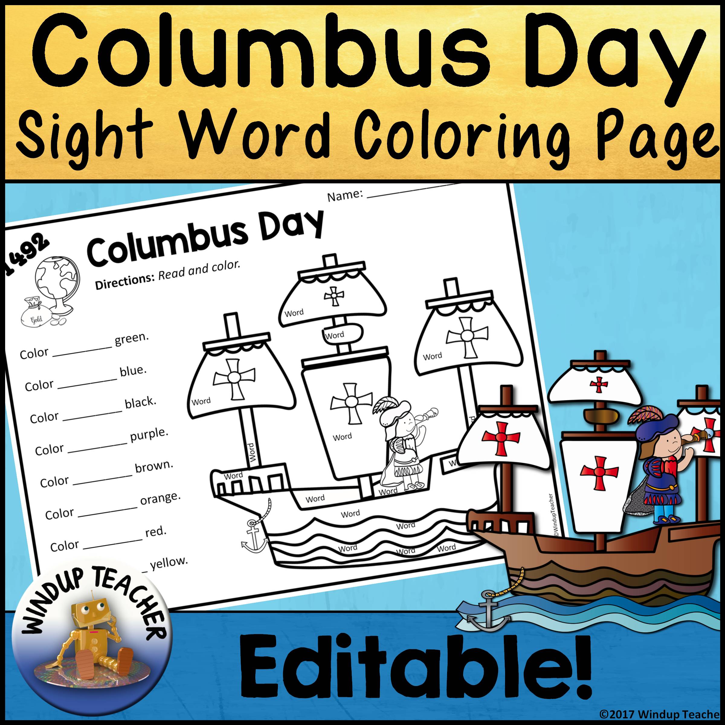 Columbus day sight word printable activity sheet