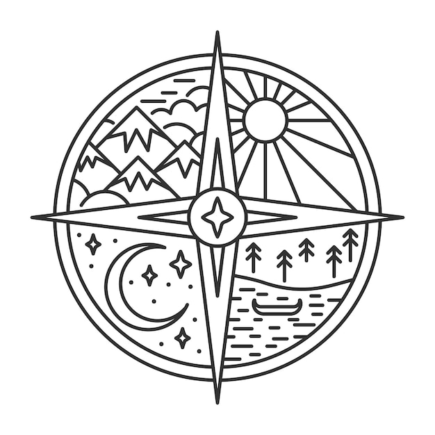 Premium vector emblem with pass in line style nature landscape with mountain and sun rays lake with boat and nig