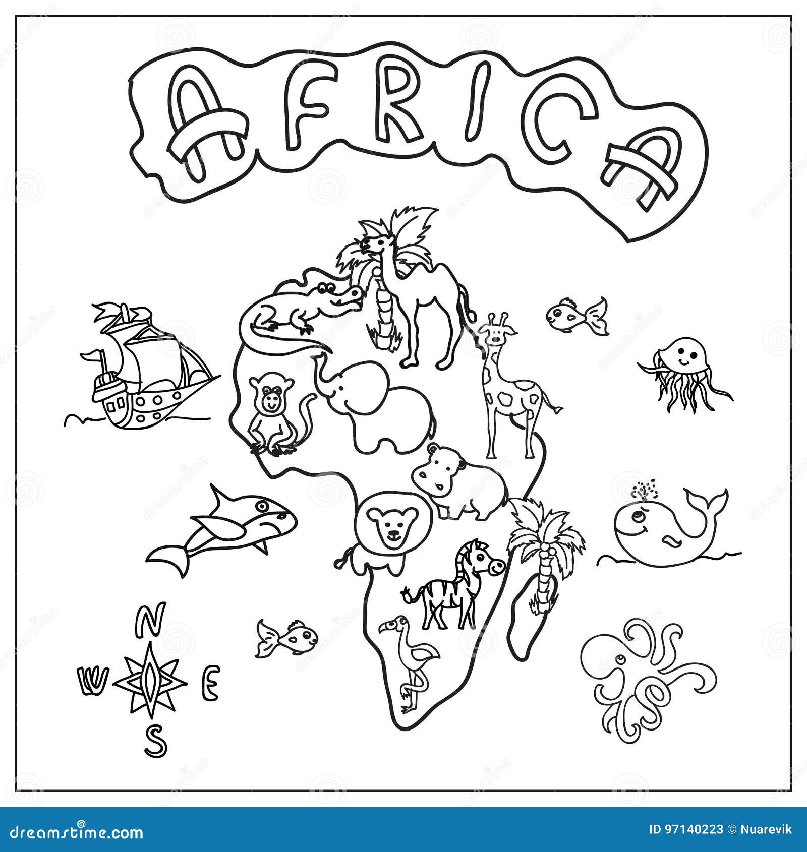 Africa continent kids map coloring page stock illustration