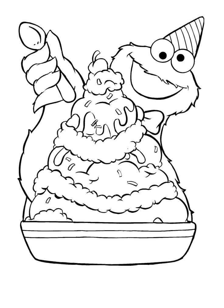 Cookie monster and birthday cake coloring page