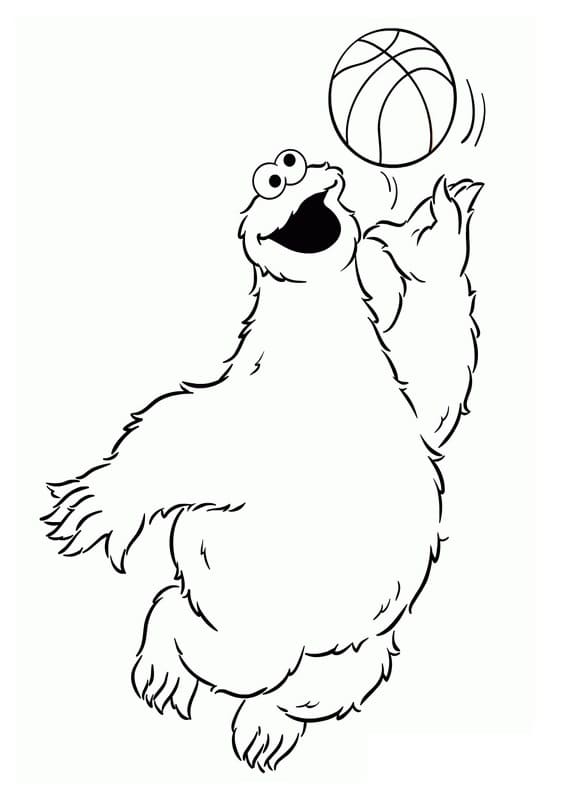 Cookie monster is playing basketball coloring page