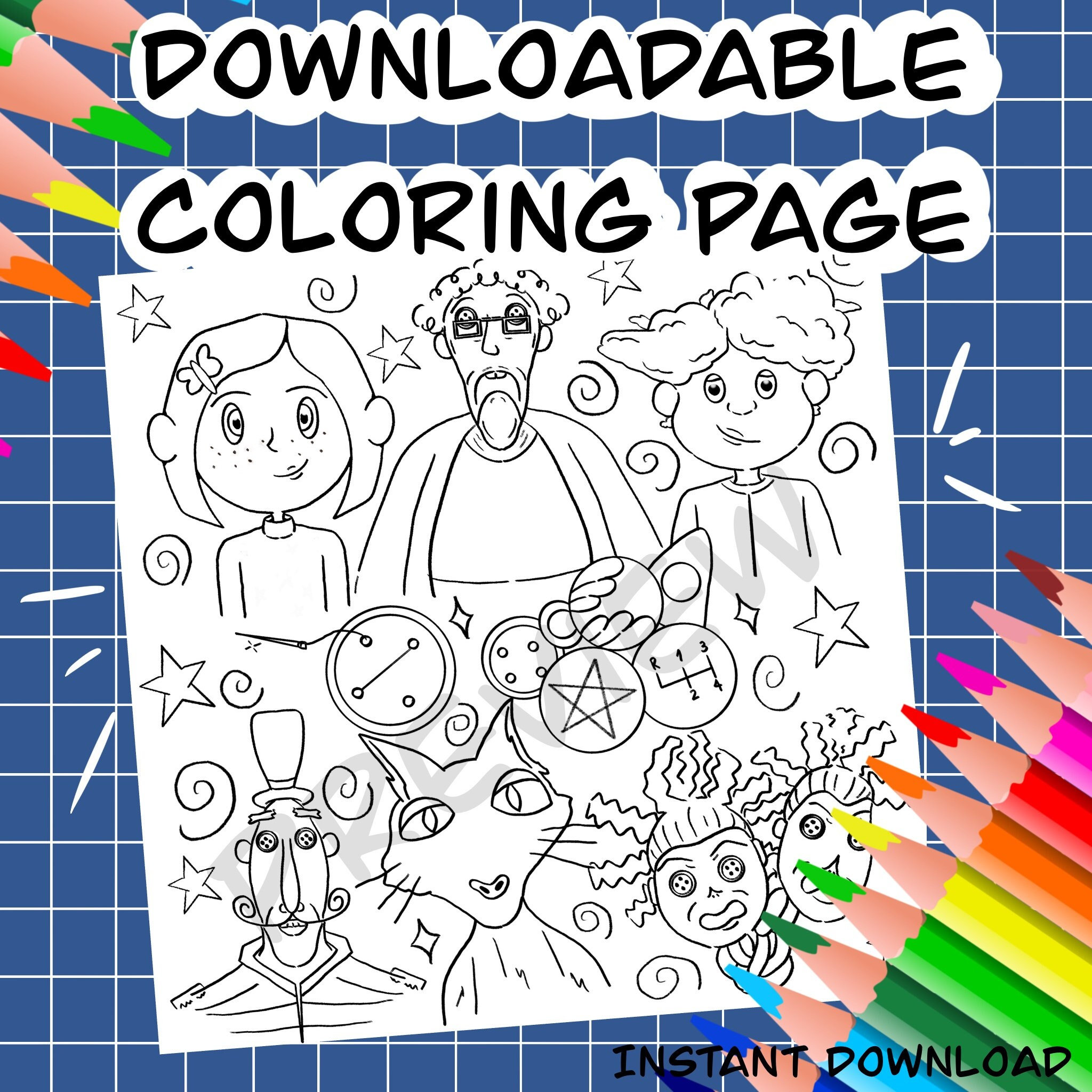 Coraline coloring page spooky cute coloring page printable instant download jpg file digital and traditional coloring instant download