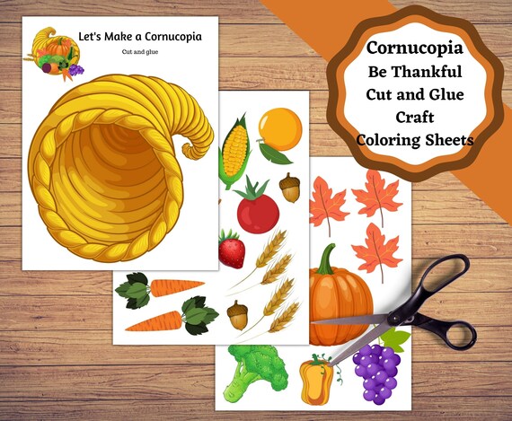 Printable cut and glue cornucopia craft with be thankful coloring sheets kids fall thanksgiving craft