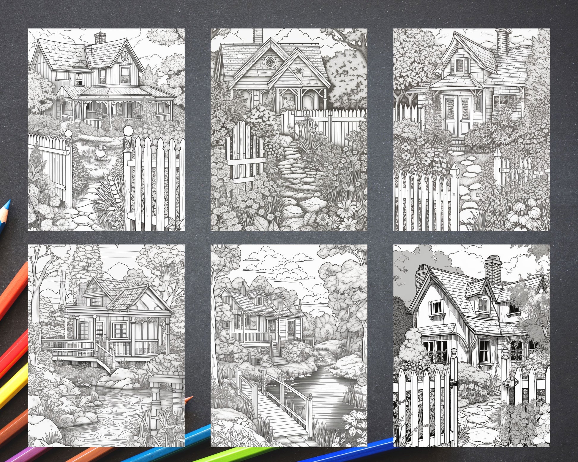Printable cottage house garden coloring pages for adults grayscale â coloring
