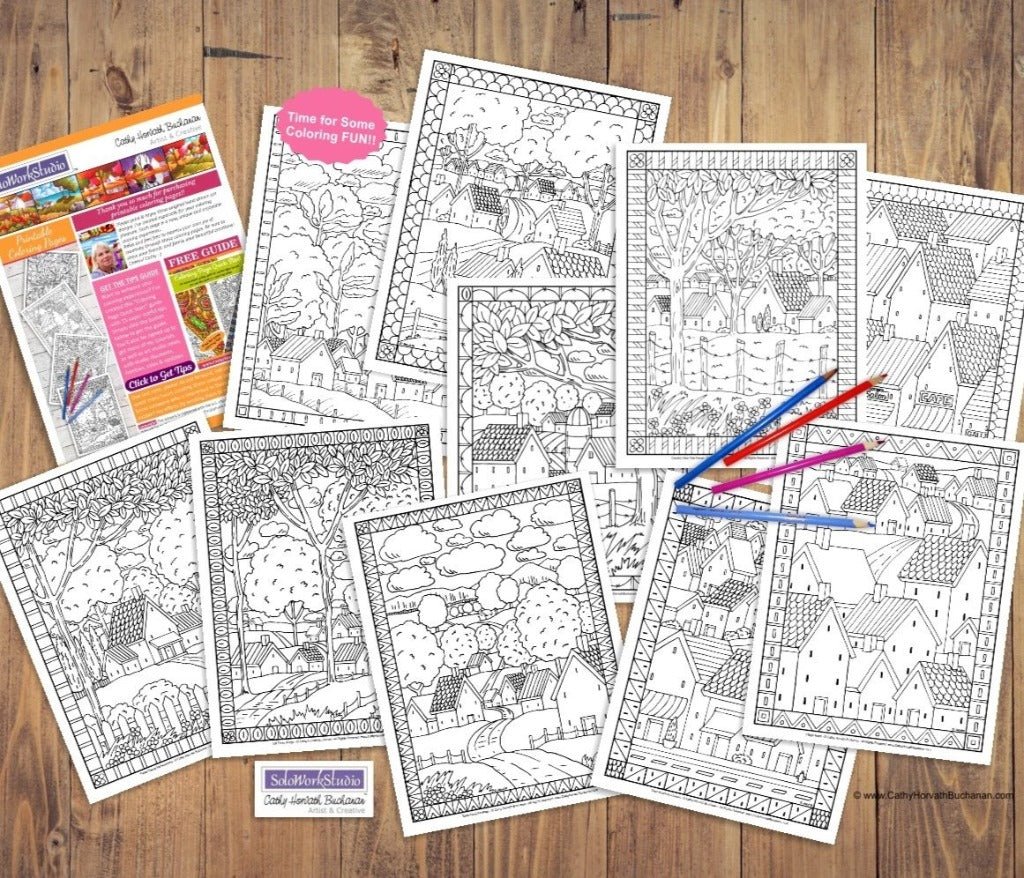 Folk art town country landscape coloring pages pack printable pdf â soloworkstudio