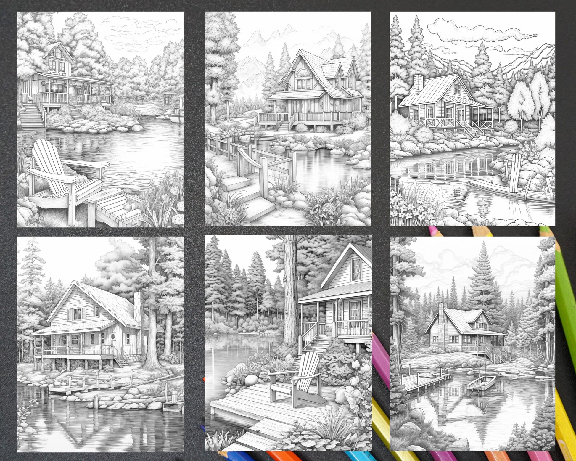 Lake cabin scenery grayscale coloring pages printable for adults pdf â coloring