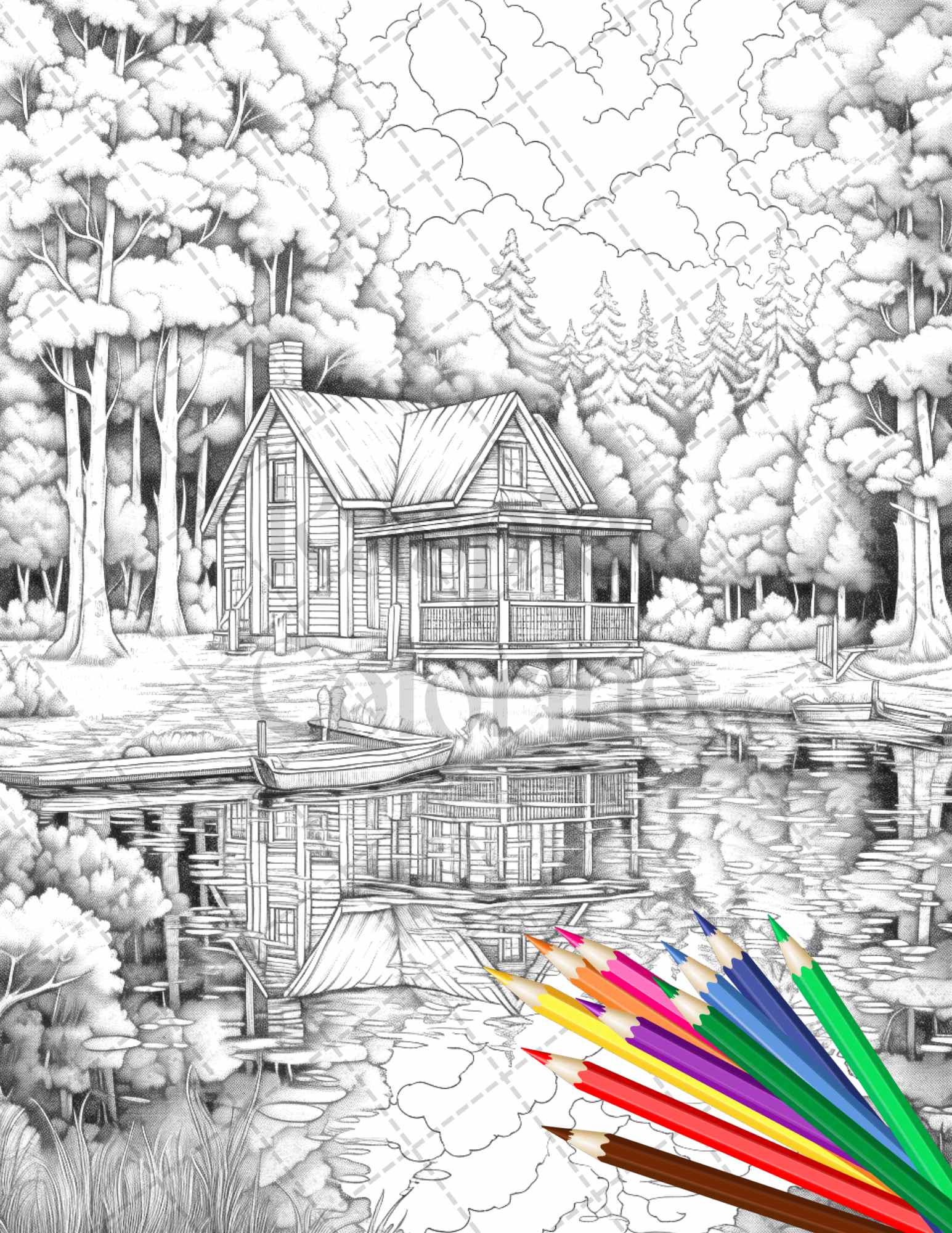 Lake cabin scenery grayscale coloring pages printable for adults pdf â coloring