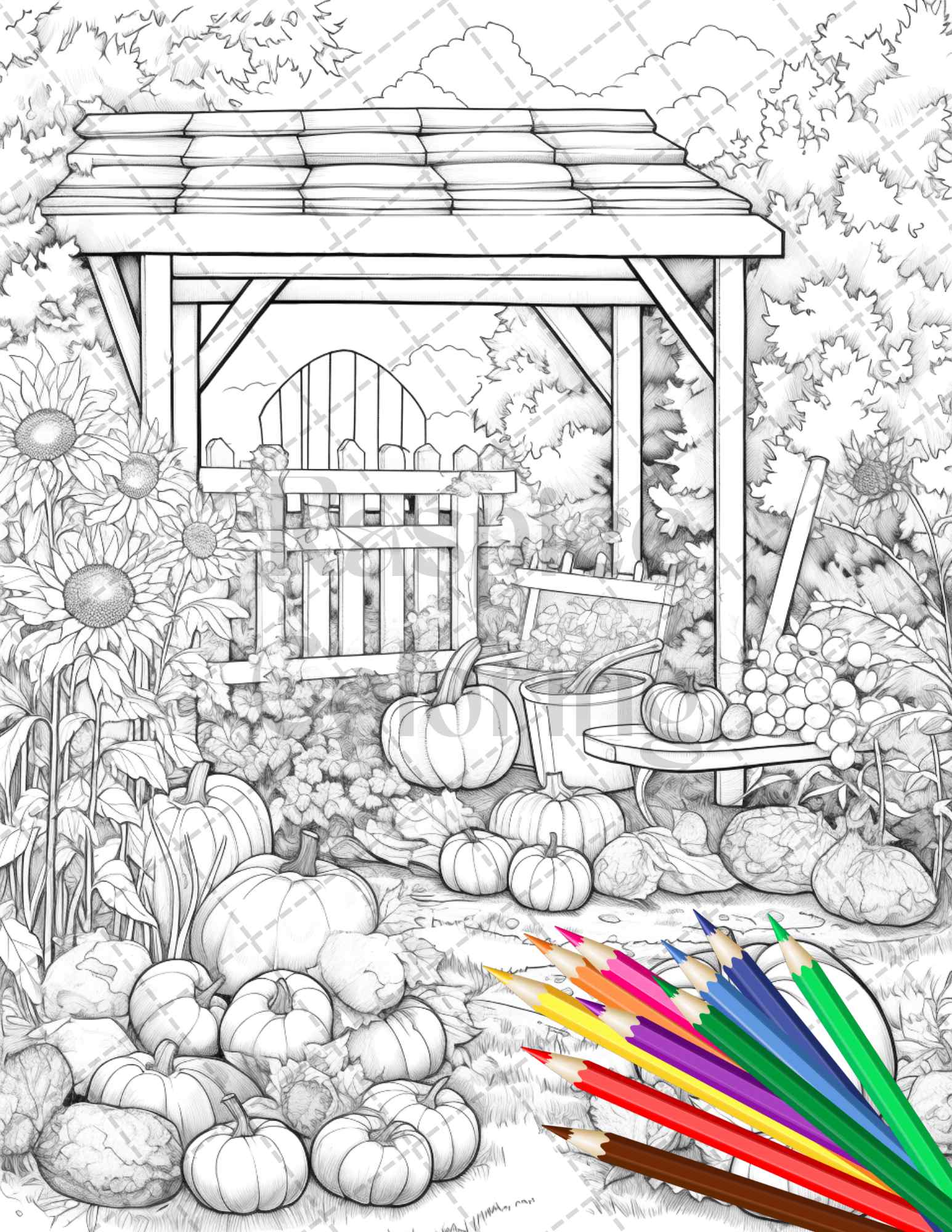 Pumpkin garden scenery grayscale coloring pages printable for adults â coloring