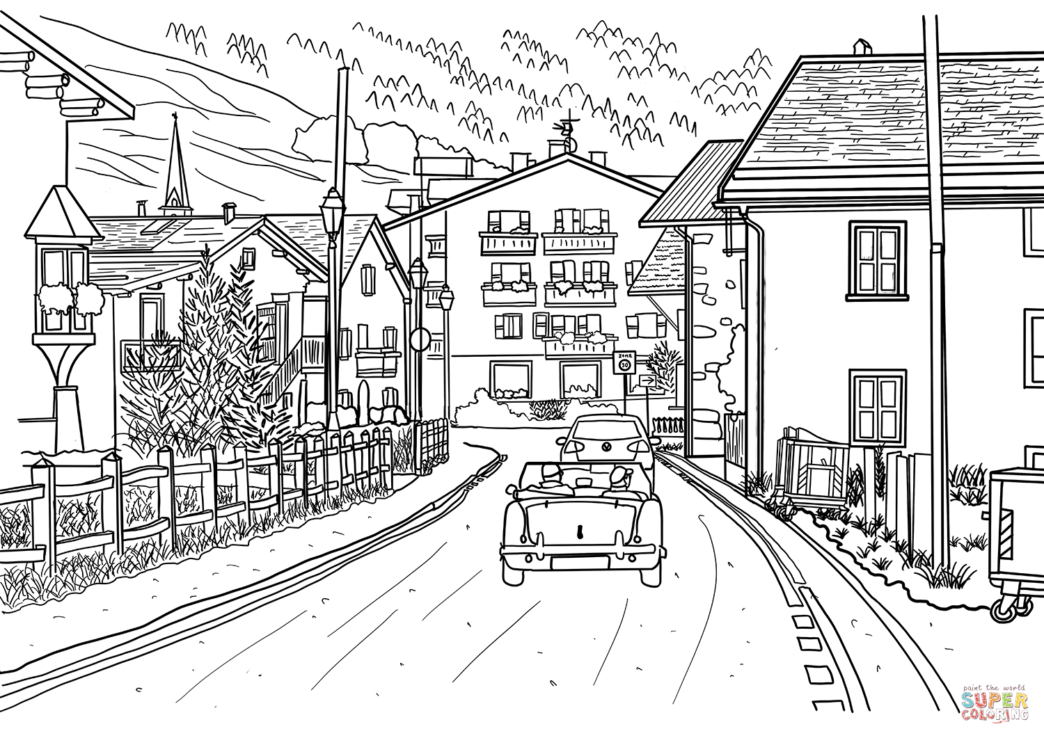 Country town view coloring page free printable coloring pages