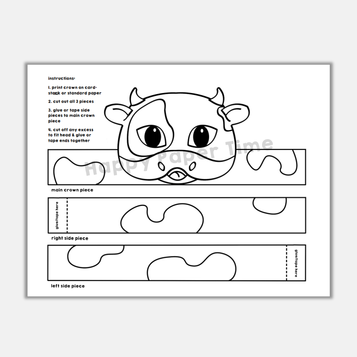 Cow paper crown printable farm coloring craft made by teachers