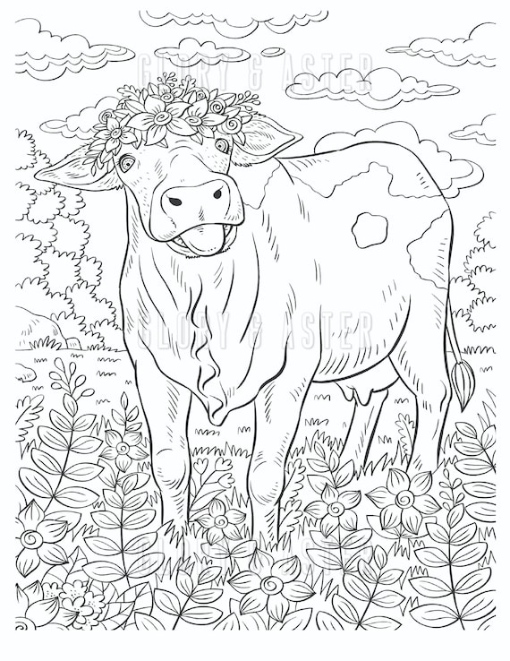 Cow printable coloring page adult coloring book instant download coloring sheets cute animals coloring printable