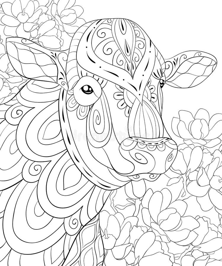 Adult coloring bookpage a cute cow on the floral background for relaxingline art style illustration stock vector