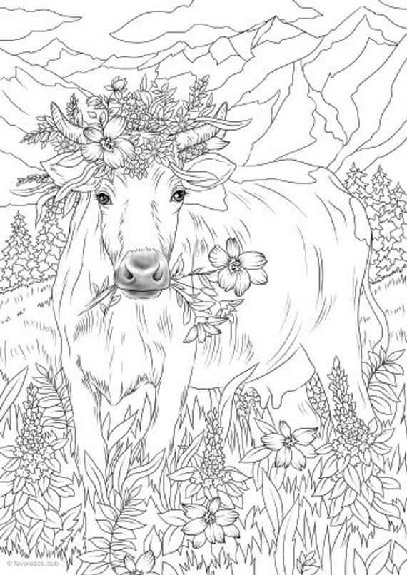 Cow in flowers printable adult coloring page from instant download