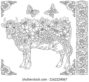 Adult coloring book page floral cow stock vector royalty free