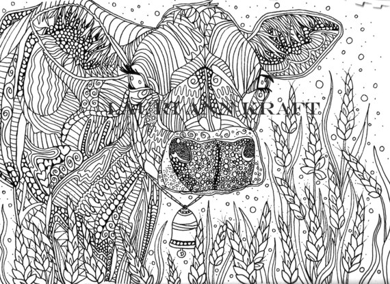 Cow face printable adult coloring book page instant download zentangle pdf kraft color meditation