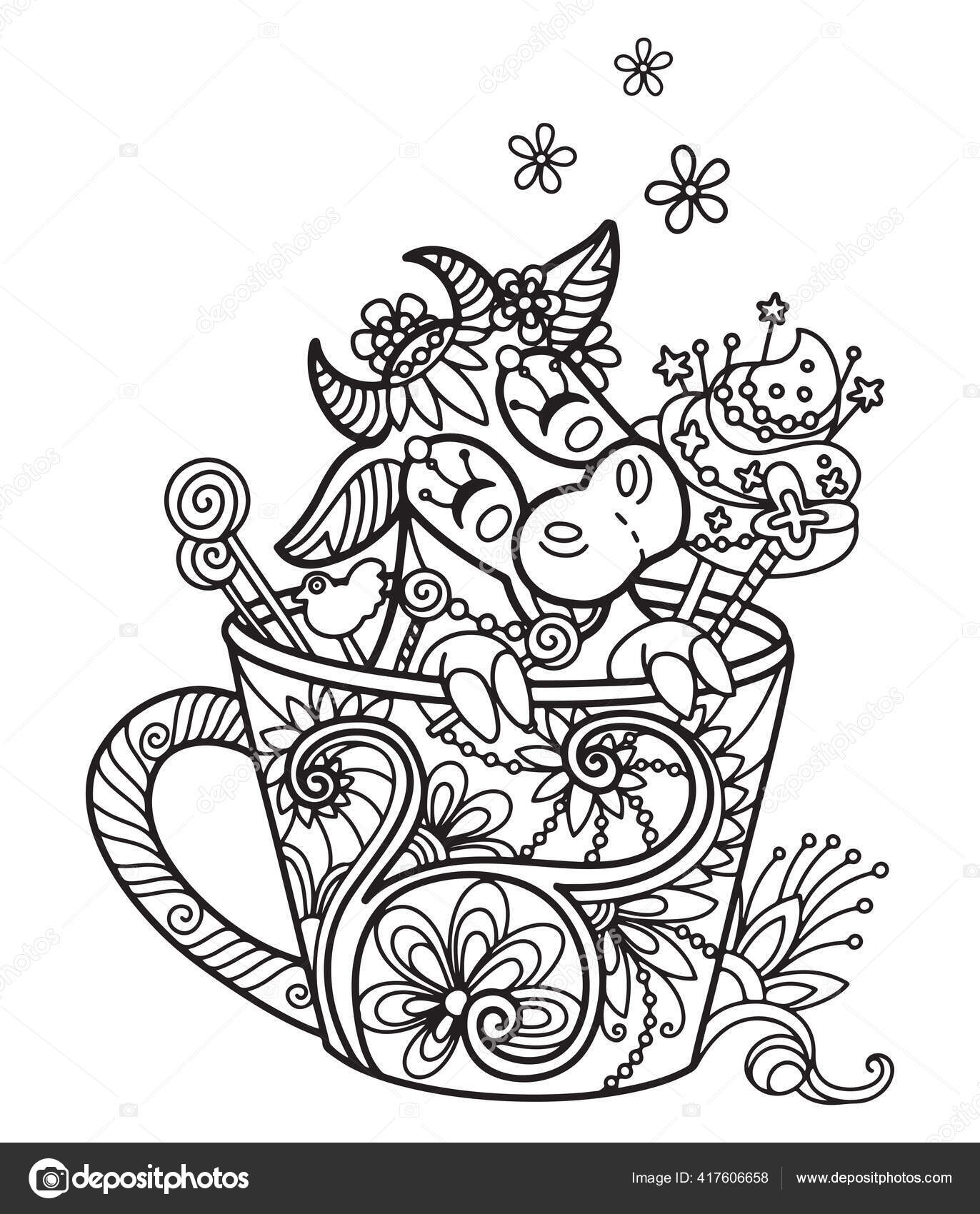Line art cute cow cup vector adult antistress coloring page stock vector by alinart