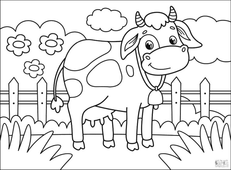 Get this cow coloring pages to print smiling cow in a farm