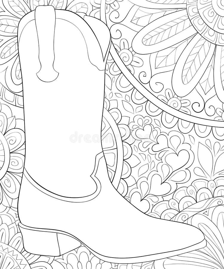 Adult coloring bookpage a cute boot on the abstract background with ornaments image for relaxingzen art style illustration stock vector