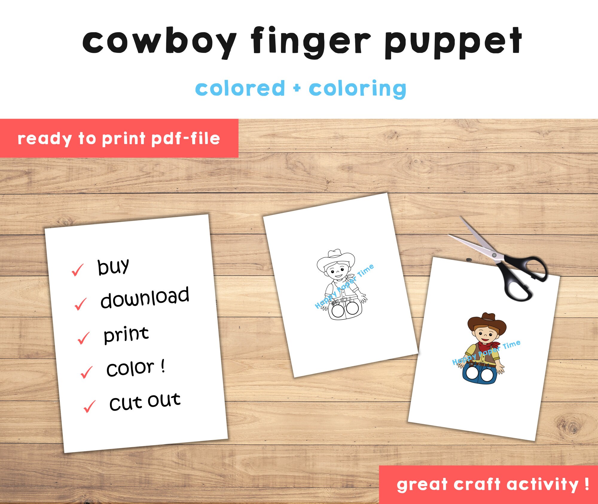 Cowboy paper craft printable wild west finger puppet kids craft kids coloring puppet army instant download