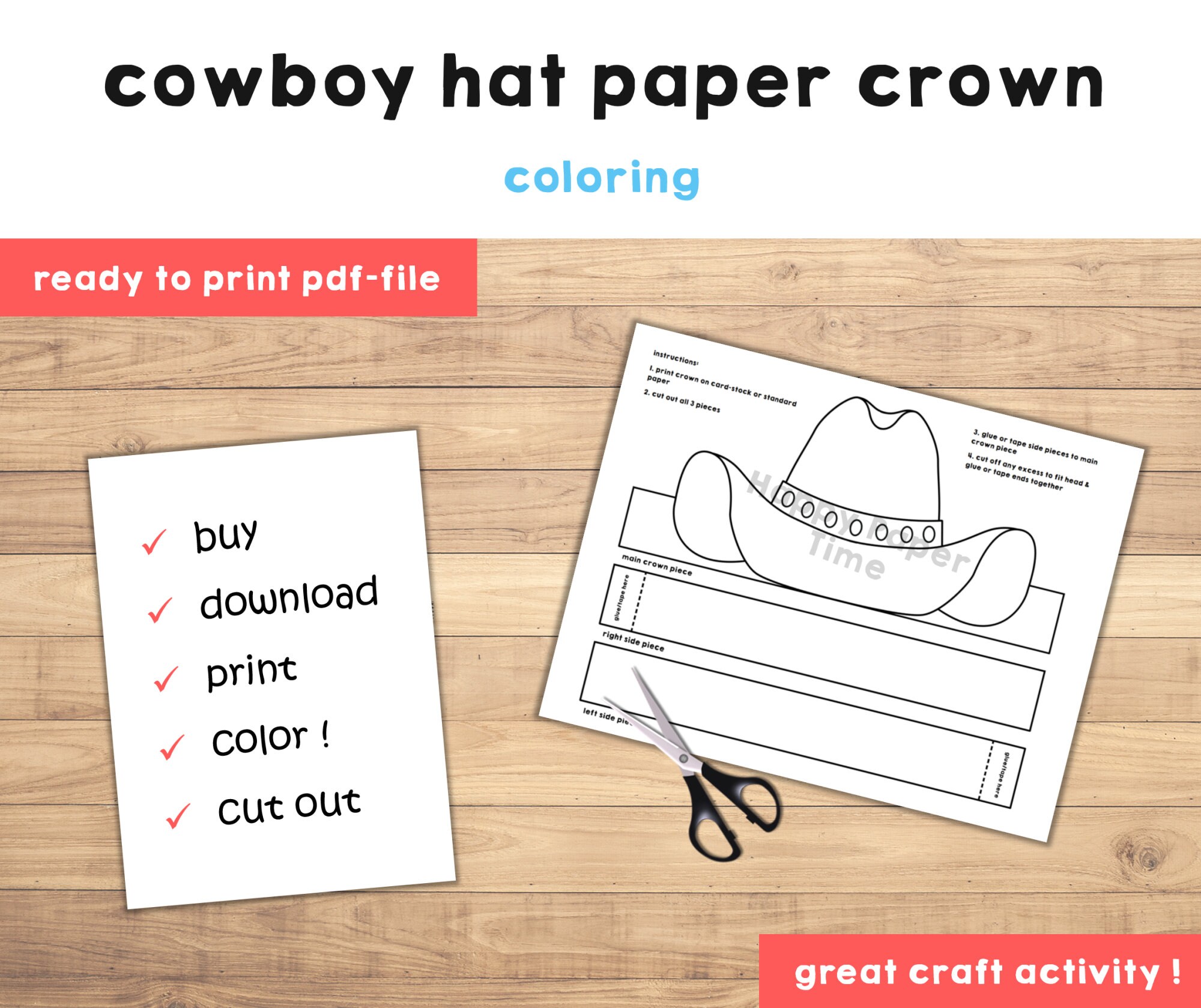 Cowboy hat paper crown party coloring printable kids craft wild west costume birthday printable favor costume diy instant download