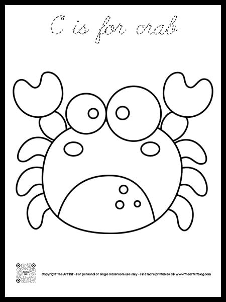 Letter c is for crab coloring pages â cursive font â the art kit