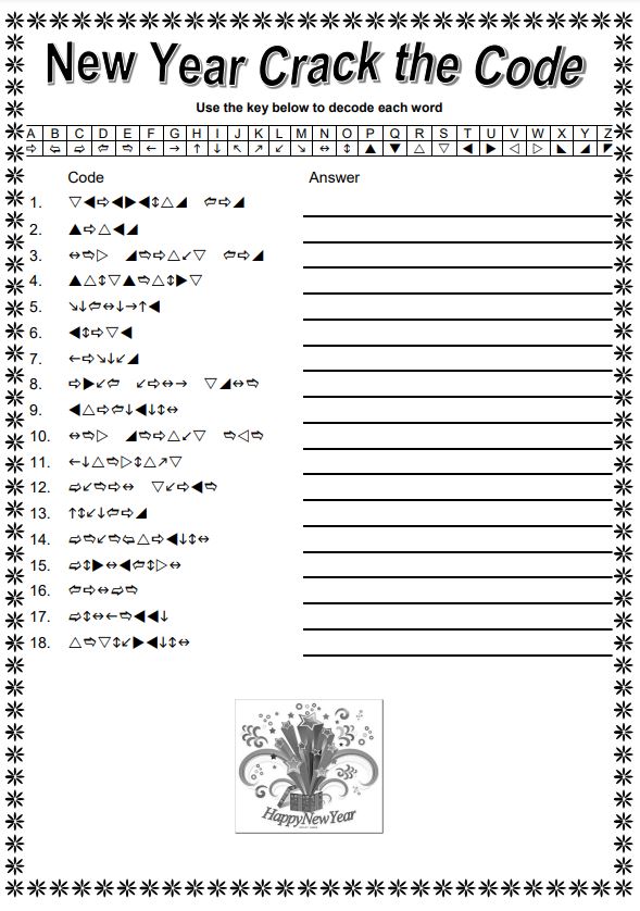 New year crack the code with answers and black and white copies made by teachers