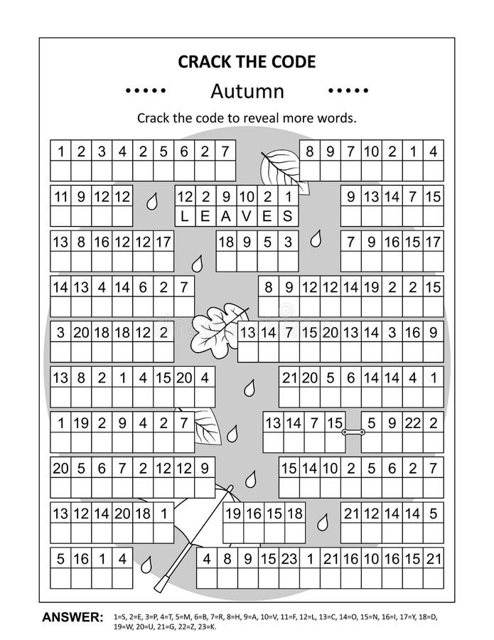 Crack the code word game with autumn words stock vector