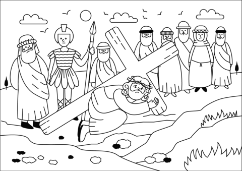 Jesus falls with cross coloring page free printable coloring pages