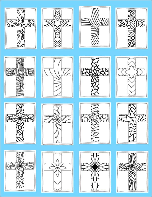 Religious cross coloring pages for kids and adults different designs