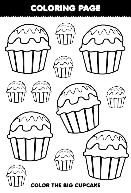 Premium vector education game for children coloring page big or small picture of cupcake printable worksheet