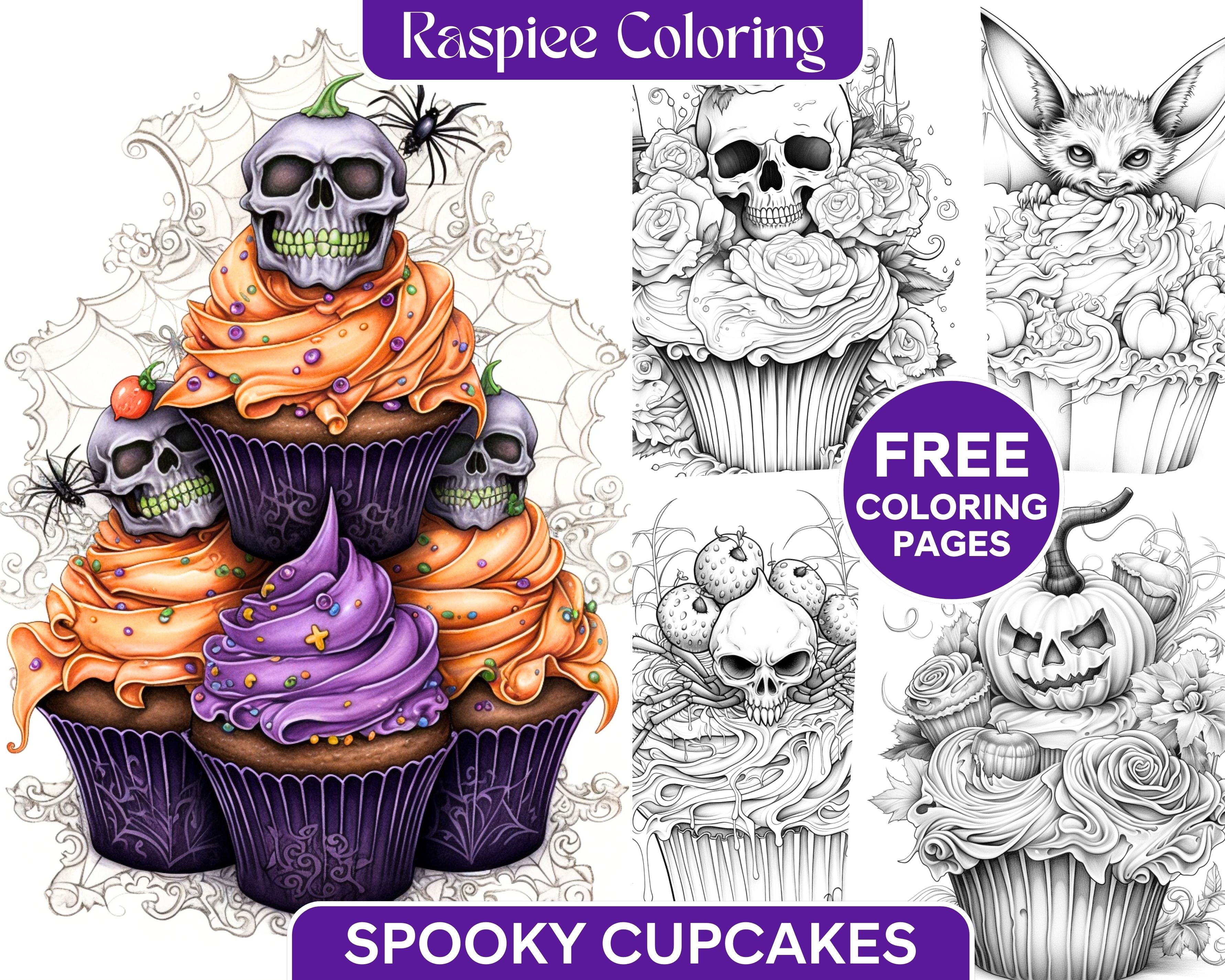 Free halloween spooky cupcakes grayscale coloring pages printable for â coloring