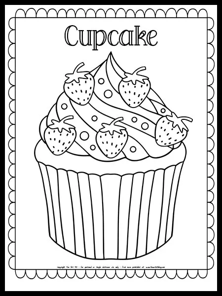 Free printable cupcake coloring page with strawberries â the art kit