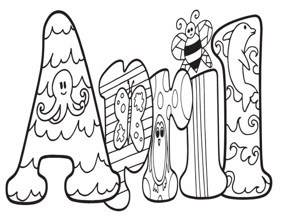 Digitalanimal style name custom coloring page party favor class activity homeschool art animal print personalized