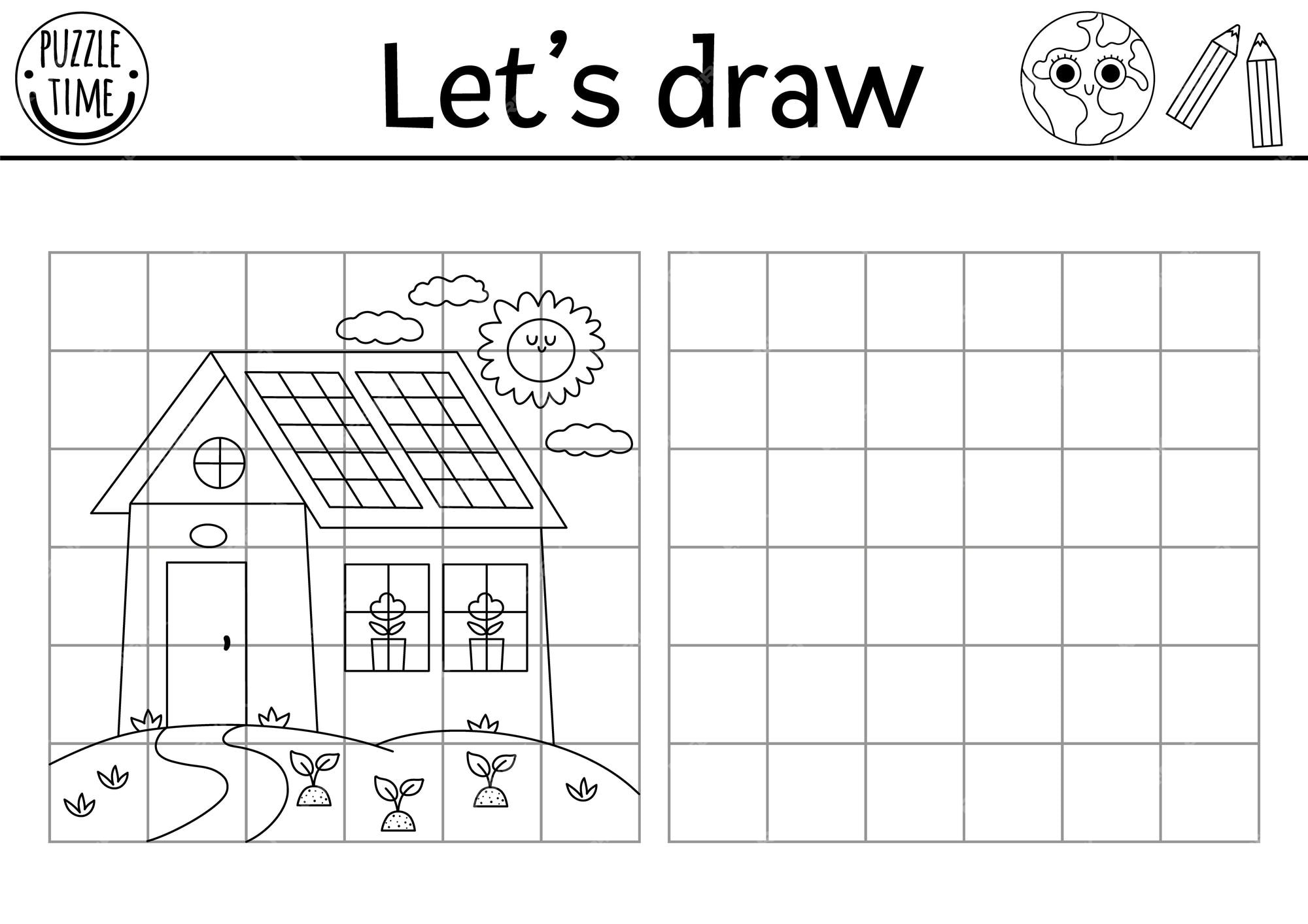 Premium vector draw the house plete the picture vector ecological drawing practice worksheet printable black and white activity for kids with cute home eco awareness copy the picture coloring page