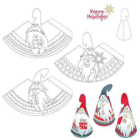 Template for d cut out figures of three gnomes with gifts a candle a bell and a christmas star coloring page vector illustration