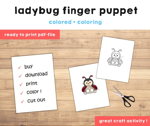 Ladybug paper craft printable finger puppet template kids craft activity animal birthday party coloring paper print out instant download