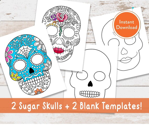 Printable sugar skulls halloween masks bundle digital coloring page instant download