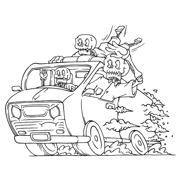 Premium vector coloring illustration of skeleton driving an ambulance