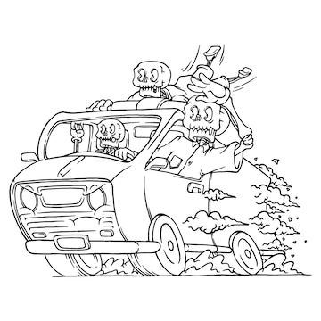 Premium vector coloring illustration of skeleton driving an ambulance