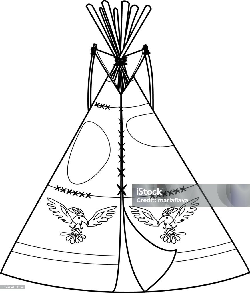 Coloring page with cartoon teepee traditional indian dwelling stock illustration