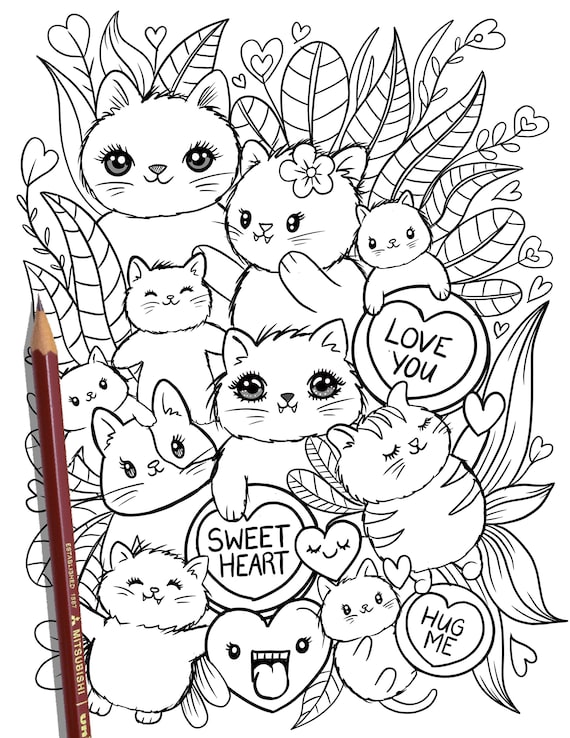 Printable cute kitty cats coloring page hand