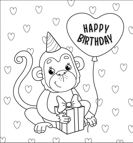 Happy birthday with monkey coloring page free printable coloring pages