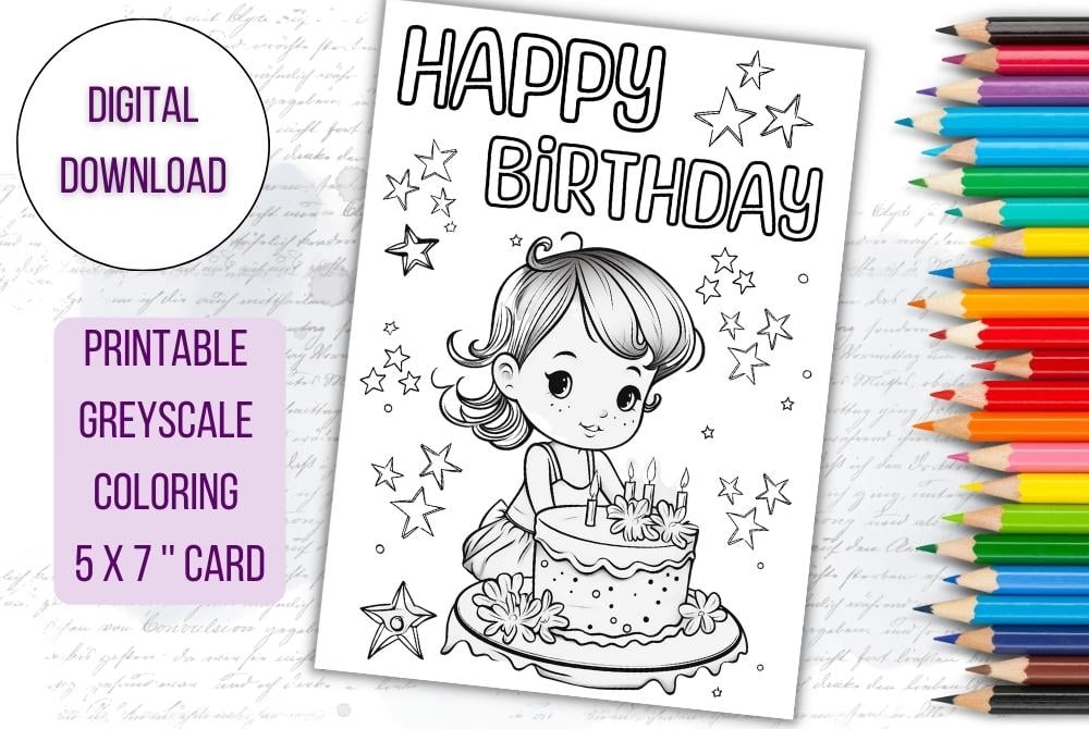 Printable coloring birthday card for kids digital coloring fun birthday card unique birthday gift birthday coloring card for a girl coloring page for kids